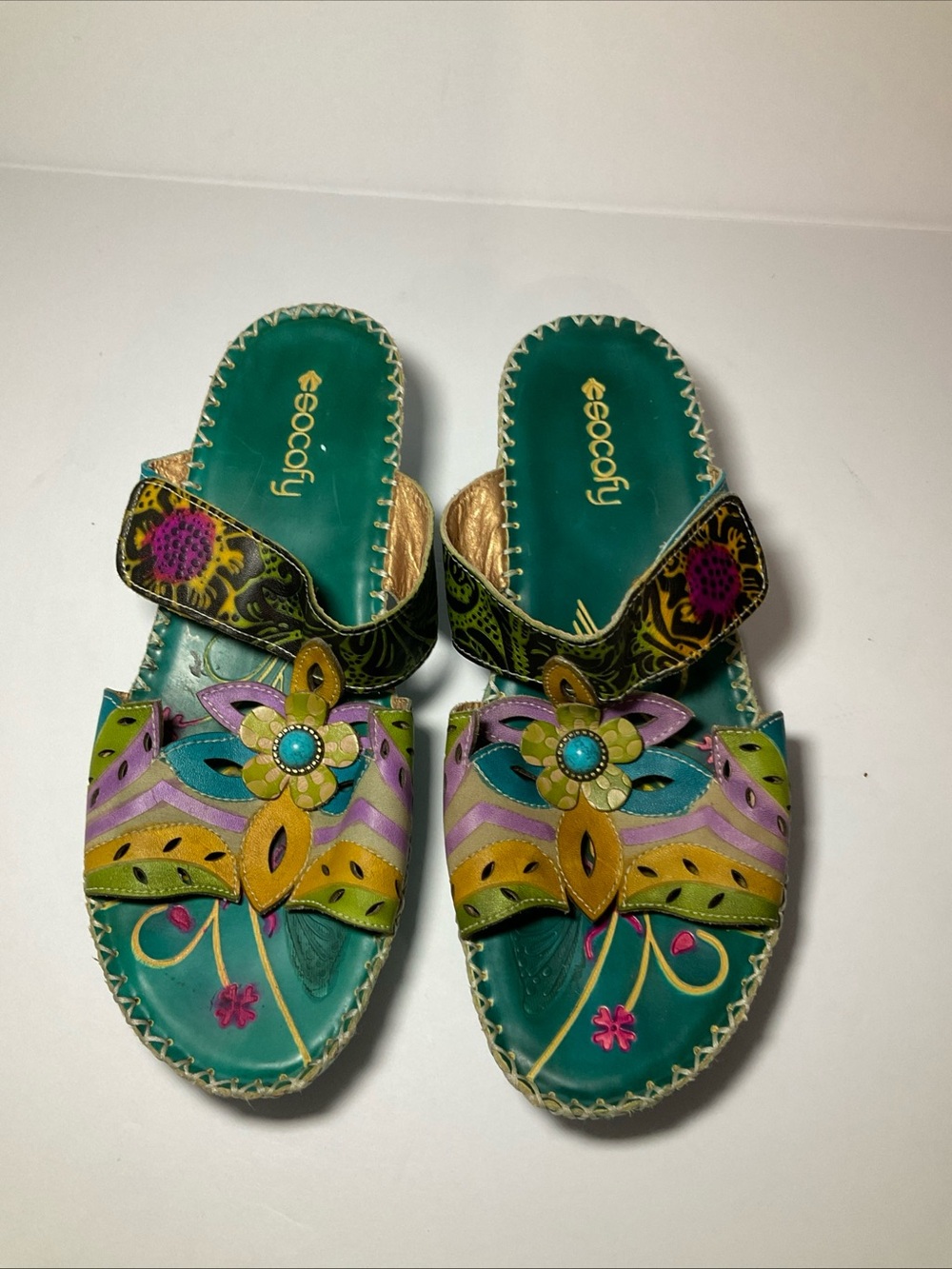 Sescøfy Teal Floral Leather Slide Mules